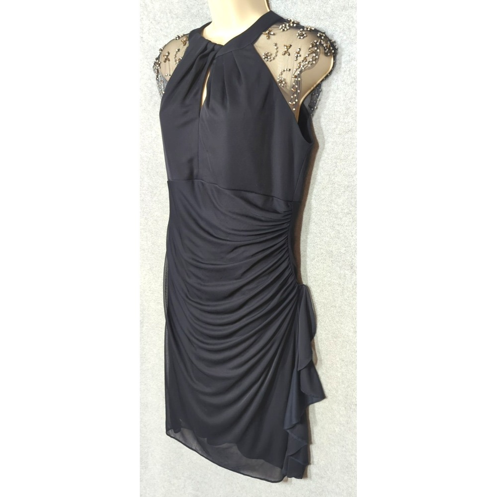Vtg Party Cocktail Dress 12 Studded Cap Sleeve Dark Navy Blue Ruched Ruffle Sexy